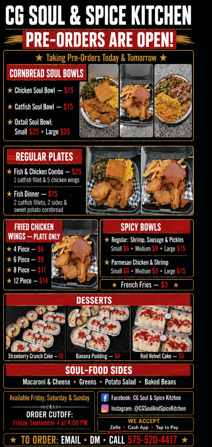 CG Soul and Spice Kitchen menu with food photos and prices